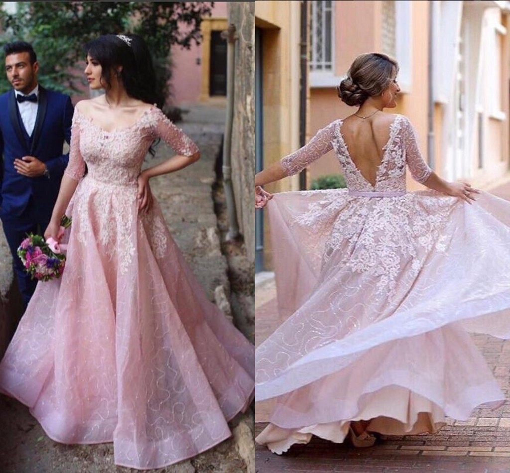 Blush Pink Lace 2016 Arabic Wedding Dresses Backless Half Sleeves